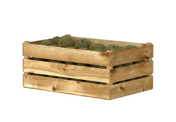 3D render of wooden box. Full of kiwi fruit. Isolated on white background.