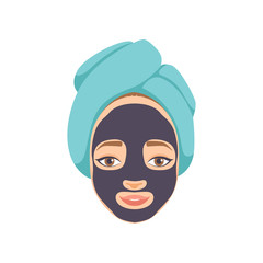 Beautiful woman with purifying black mask on her face, cosmetic procedure for face rejuvenation vector Illustration
