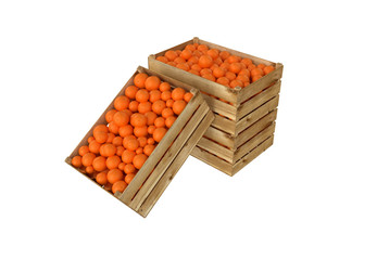 3D render of wooden box. Full of orange fruit. Isolated on white background.
