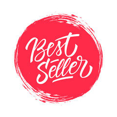 Best Seller handwritten inscription on red circle brush stroke background. Creative typography for business, promotion and advertising. Vector illustration.