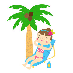 Obraz na płótnie Canvas Cartoon girl enjoy beach summer holidays under palm tree