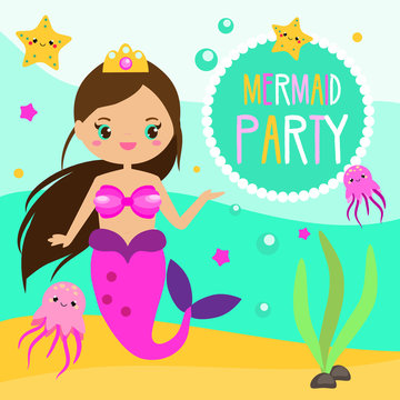 Children and kids holiday party invitation design template with cute mermaid