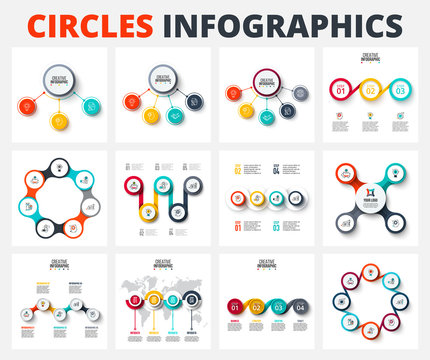 Set of a circle vector infographics. Template for business presentations with 3, 4, 5, 6, 7 and 8 options, steps or parts. Abstract diagrams.