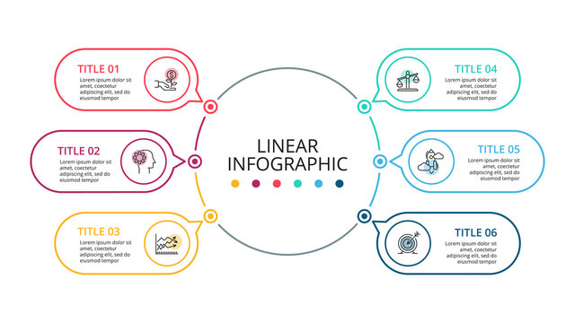 Thin line flat element for infographic. Template for diagram, graph, presentation and chart. Business concept with 6 options, parts, steps or processes. Data visualization.