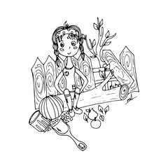 A girl with toys sits on a beam, a doodle, a sketch drawn by hand