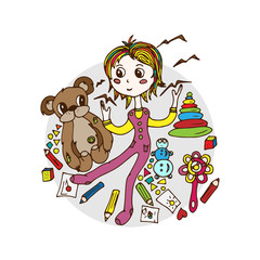 A girl with toys, a child, a doodle, a sketch drawn by hand