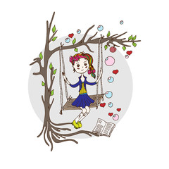 A girl on a swing, a doodle, a sketch drawn by hand