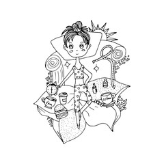 The girl is in bed, sketch drawn by hand