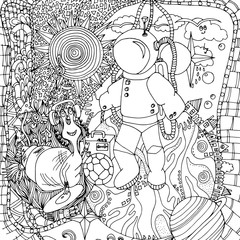 Astronaut and aliens, space, doodle, drawn by hand