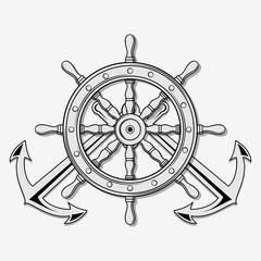 Ship Steering Wheel and Crossed nautical anchors. Vector illustration.