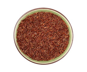 Fototapeta na wymiar Red wild rice pile in porcelain bowl isolated on white background, top view