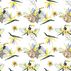 pattern flowers and bird yellow. Seamless white pattern with toucans. Watercolor hand drawing, wild flower for background, texture, wrapper pattern, frame or border.