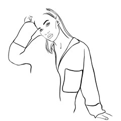 Fashion woman sketch. Beautiful young woman in a oversize shirt. Hand drawn fashion girl. Fashion model posing. Sketch. Vector illustration. Fashion, style, youth, beauty. Graphic, sketch drawing.