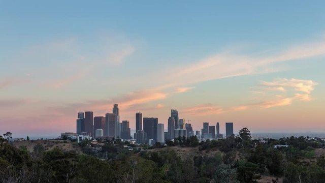 Downtown Los Angeles Skyline Day to Night Pink Sunset Timelapse Wide