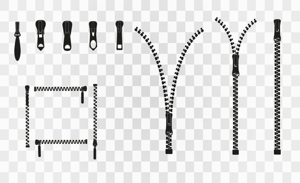 Vector illustration. Zippered lock and unlock. Zipper buttoned. Closed and open zipper. Set.