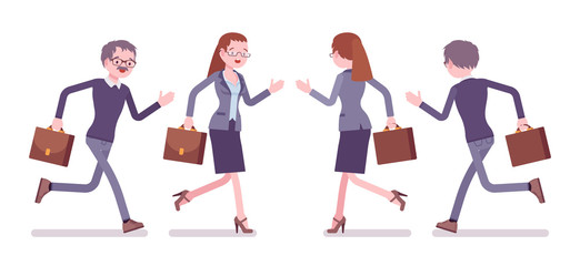 Male and female teacher running