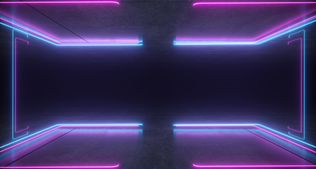 Futuristic Sci-Fi Bracket Shaped Neon Blue And Purple Glowing Lights With Reflections On Concrete Floor And Ceiling Dark Empty Space 3D Rendering