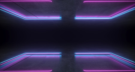 Futuristic Sci-Fi Bracket Shaped Neon Blue And Purple Glowing Lights With Reflections On Concrete Floor And Ceiling Dark Empty Space 3D Rendering