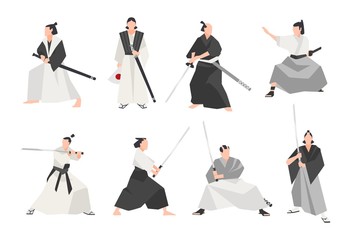Collection of samurai isolated on white background. Set of male Japanese warriors wearing various clothes, standing in different postures and holding katana swords. Flat cartoon vector illustration.