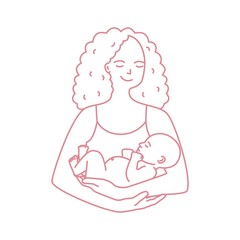 Portrait of smiling mother holding baby drawn with contour line on white background. Cheerful mom carrying newborn child. Happy parenting, motherhood and nursing. Monochrome vector illustration.