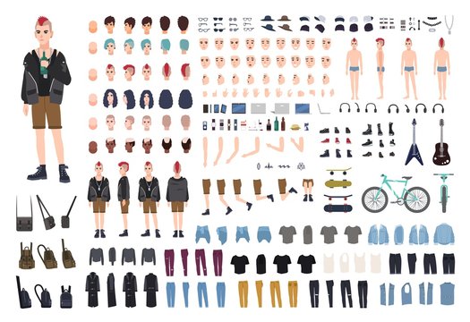 Punk DIY or constructor kit. Set of young male character or teenager body parts, emotions, postures, outfit, subculture accessories isolated on white background. Flat cartoon vector illustration.