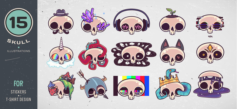 Colorful skull set. Print on T-shirts, sweatshirts, cases for mobile phones, souvenirs. Vector