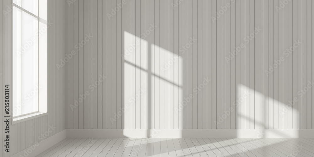 Fototapete stimulate scene of white empty room with sun light cast shadow on the laminate wood wall and plank f
