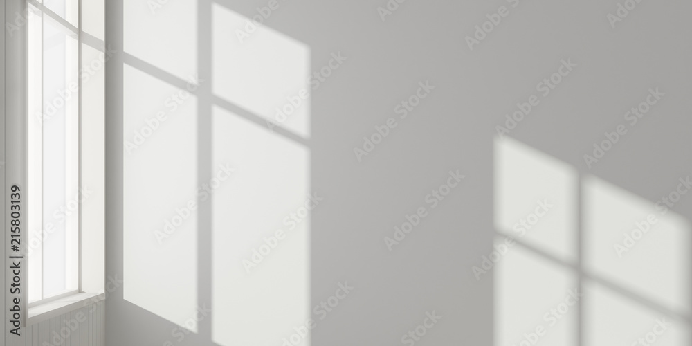Leinwandbilder Stimulate scene of white empty room with sun light cast shadow on the laminate wood wall and plank floor,Perspective of minimal architecture. 3D rendering