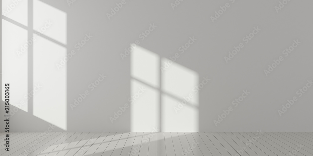 Leinwandbilder stimulate scene of white empty room with sun light cast shadow on the laminate wood wall and plank f