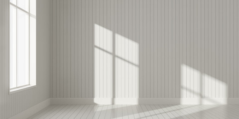 Stimulate scene of white empty room with sun light cast shadow on the laminate wood wall and plank floor,Perspective of minimal architecture. 3D rendering