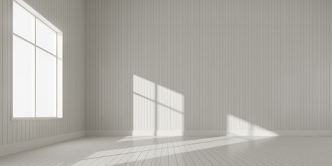 Obraz premium Stimulate scene of white empty room with sun light cast shadow on the laminate wood wall and plank floor,Perspective of minimal architecture. 3D rendering