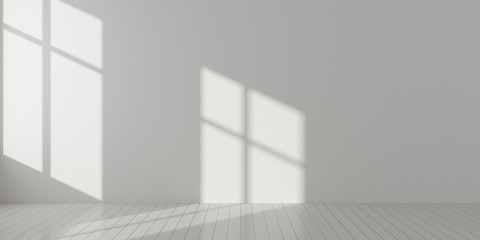 Fototapeta premium Stimulate scene of white empty room with sun light cast shadow on the laminate wood wall and plank floor,Perspective of minimal architecture. 3D rendering