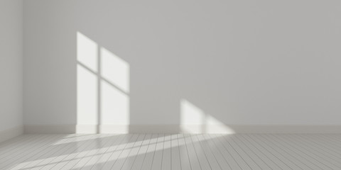 Stimulate scene of white empty room with sun light cast shadow on the laminate wood wall and plank floor,Perspective of minimal architecture. 3D rendering
