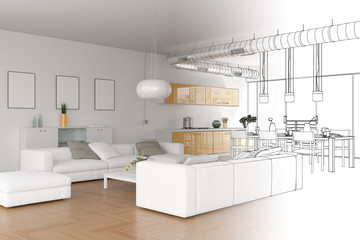 Interior Design Modern Loft Drawing Gradation Into Photograph - 215803983