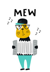 Mew - Cute hand drawn nursery poster with cartoon cat animal with accordion and hand drawn lettering.