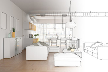 Interior Design Modern Loft Drawing Gradation Into Photograph - 215804118