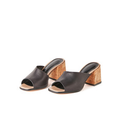 Black open toe block heel mules shoes. Studio shot, white background