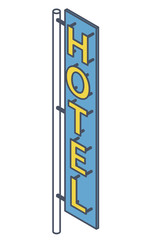 Outlined hotel signboard. Neon outdoor advertising on motel facade. Hotel sign in isometric perspective isolated on white background. Isolated marquee, vector info graphic illustration