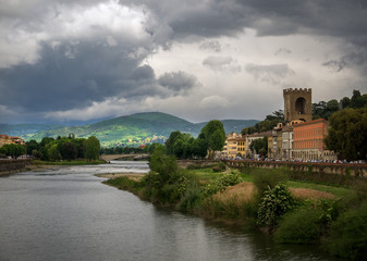 View of the Arno River. Bad weather in Florence. Tuscany. Italy.