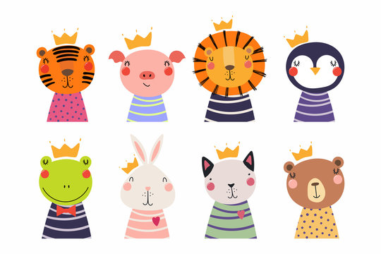 Set of cute funny little animals in crowns cat, bear, lion, tiger, penguin, bunny, frog, pig. Isolated objects on white. Vector illustration. Scandinavian style flat design. Concept for children print