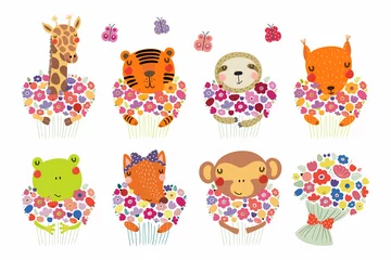 Sierkussen Set of cute funny little animals with flowers tiger, sloth, frog, fox, monkey, squirrel, giraffe. Isolated objects on white. Vector illustration. Scandinavian style flat design. Concept children print © Maria Skrigan