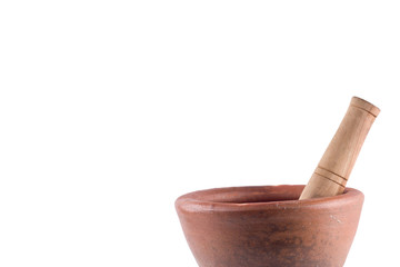 clay mortar and wood pestle on white background  cooking kitchenware object isolated
