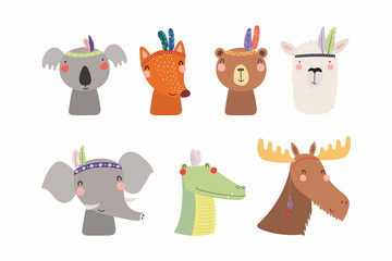 Set of cute funny little tribal animals bear, koala, llama, moose, fox, crocodile, elephant. Isolated objects on white. Vector illustration. Scandinavian style flat design. Concept for children print