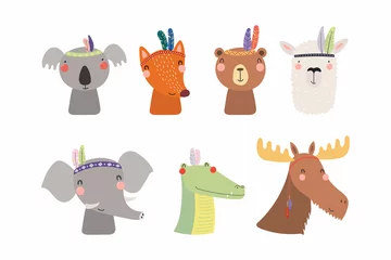 Keuken spatwand met foto Set of cute funny little tribal animals bear, koala, llama, moose, fox, crocodile, elephant. Isolated objects on white. Vector illustration. Scandinavian style flat design. Concept for children print © Maria Skrigan