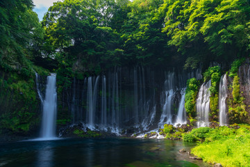The Shiraito Falls in Shizuoka, Japan. Snowmelt from Mount Fuji spills like threads of silk from spaces between lava beds.