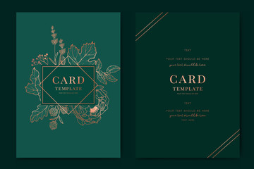 Wedding Invitation, floral invite thank you, rsvp modern card Design in Copper peony with tropical palm leaf greenery eucalyptus branches in emerald background