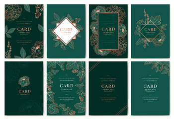 Wedding Invitation, floral invite thank you, rsvp modern card Design in Copper peony with tropical palm leaf greenery eucalyptus branches in emerald background