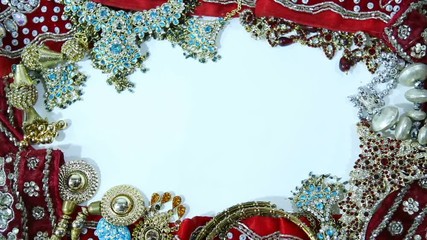 Beautiful Indian Sari Clothing with Bridal jewelry. Frame for wedding invitation.  Oriental Fashion.