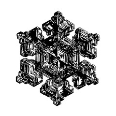 Black snowflake on white background. This illustration based on macro photo of real snow crystal: beautiful star plate with fine hexagonal symmetry, six short, broad arms and glossy surface.