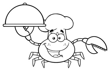 Black And White Crab Chef Cartoon Mascot Character Holding A Platter. Vector Illustration Isolated On White Background